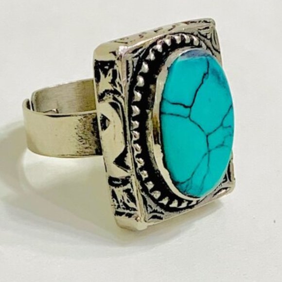 Southwestern Style Turquoise Oval Stone Ring, Ethnic Kuchi Ring, Afghan Jewelry, - Picture 3 of 11